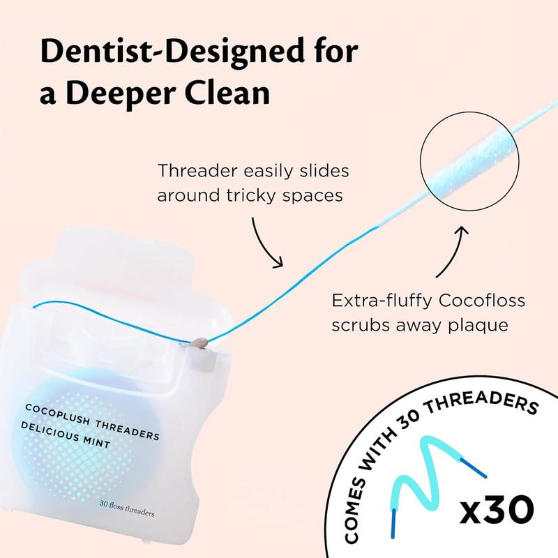 Cocofloss CocoPlush Threaders, Dental Floss for Implants, Bridges, and Braces, Mint, Waxed, Dentist-Designed Oral Care with Coconut Oil, 30 Per Pack