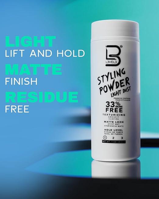 L3 Level 3 Light Hold Styling Powder - Natural Matte Hairstyle - Texturizing and Volumizing Haircare Daily Men's Hair Care Pack Comfort