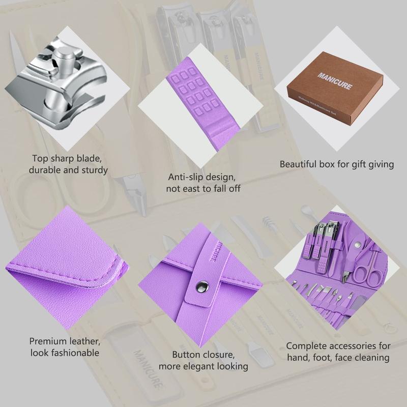 Manicure Set Professional Nail Clippers Pedicure Kit, 16 pcs Stainless Steel Nail Care Tools Grooming Kit with Luxurious Travel Leather Case for Thick Nails Men Women  summer Gift (Violet)