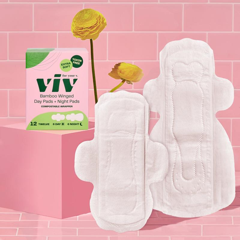 Viv Winged Bamboo Pads - 12ct 100% Toxin-Free, Ultra Soft, Absorbent Comfort Menstrual Pads with Wings, Day or Night Period Protection
