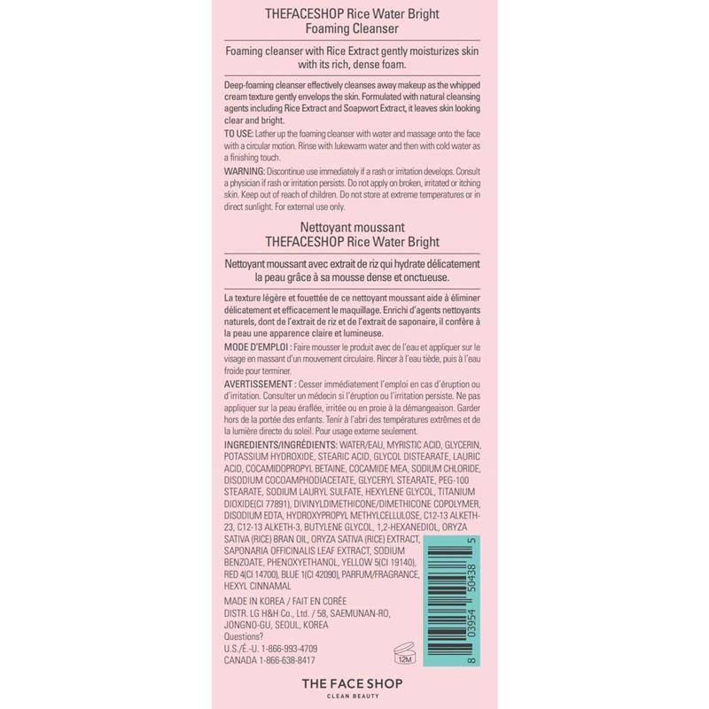 The Face Shop  Water Bright Foaming Facial Cleanser with Ceramide, Gentle Face Wash for  & , Vegan Face Cleanser,  Remover